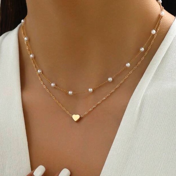 2/$10 NEW! Simple Pearl Heart Double Layer Necklace Pendant Layered Bohemian - Picture 2 of 4
